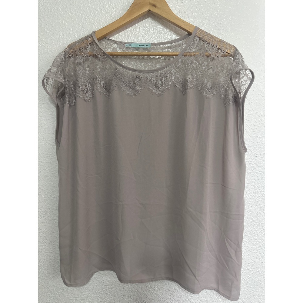 Maurices Womens XXL Taupe Mauve Grey Eyelash Lace Yoke Chiffon Blouse Cap Sleeve - Picture 1 of 8